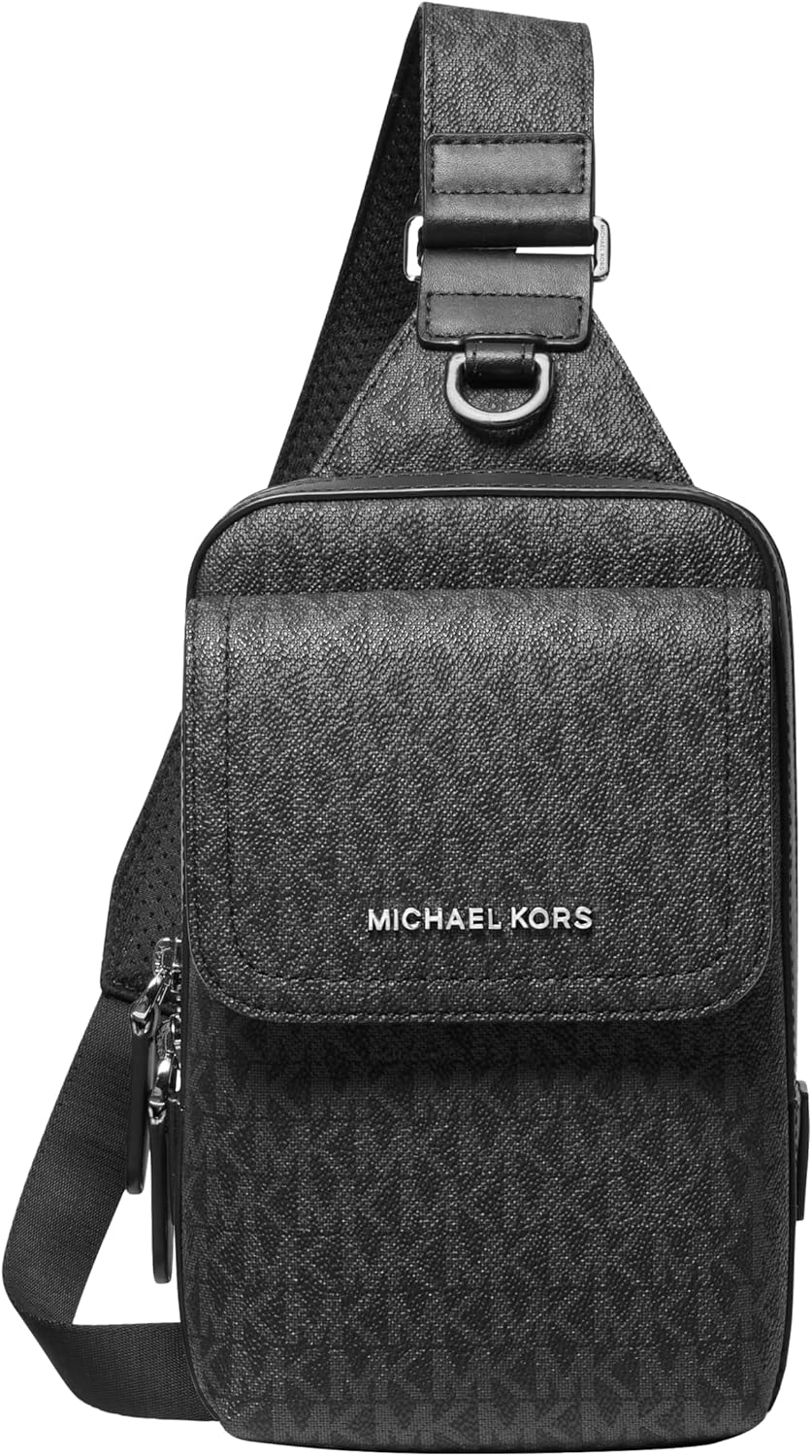 BOLSO CRUZADO MICHAEL KORS HUDSON MEDIANO CON SOLAPA Y LOGO MK, NEGRO - 1