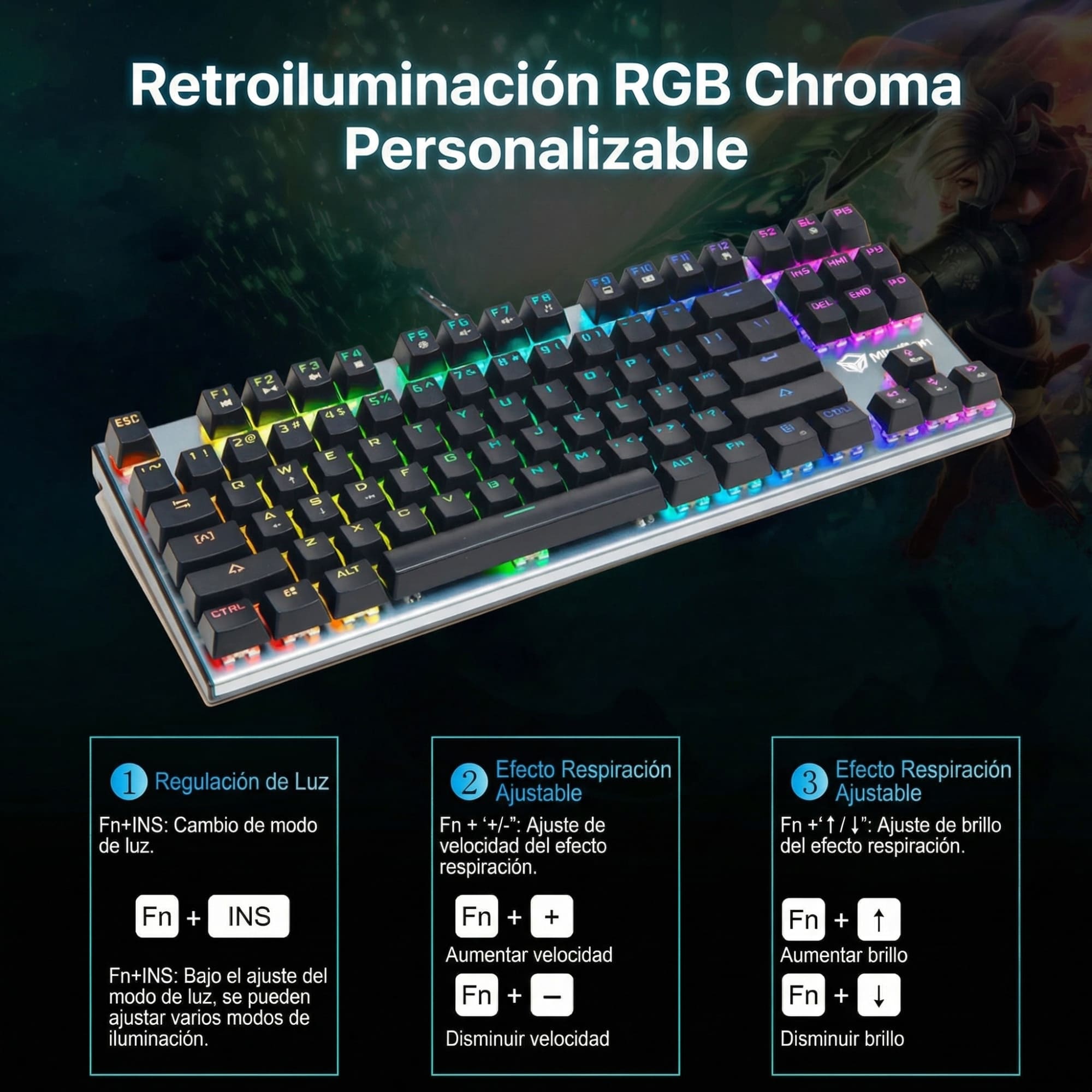 TECLADO GAMER MECÁNICO 88-SWITCH TKL RGB MEETION MK04 EN ESPAÑOL CUSTOMIZABLE OUTEMU BLUE ANTI-GHOSTING - 8