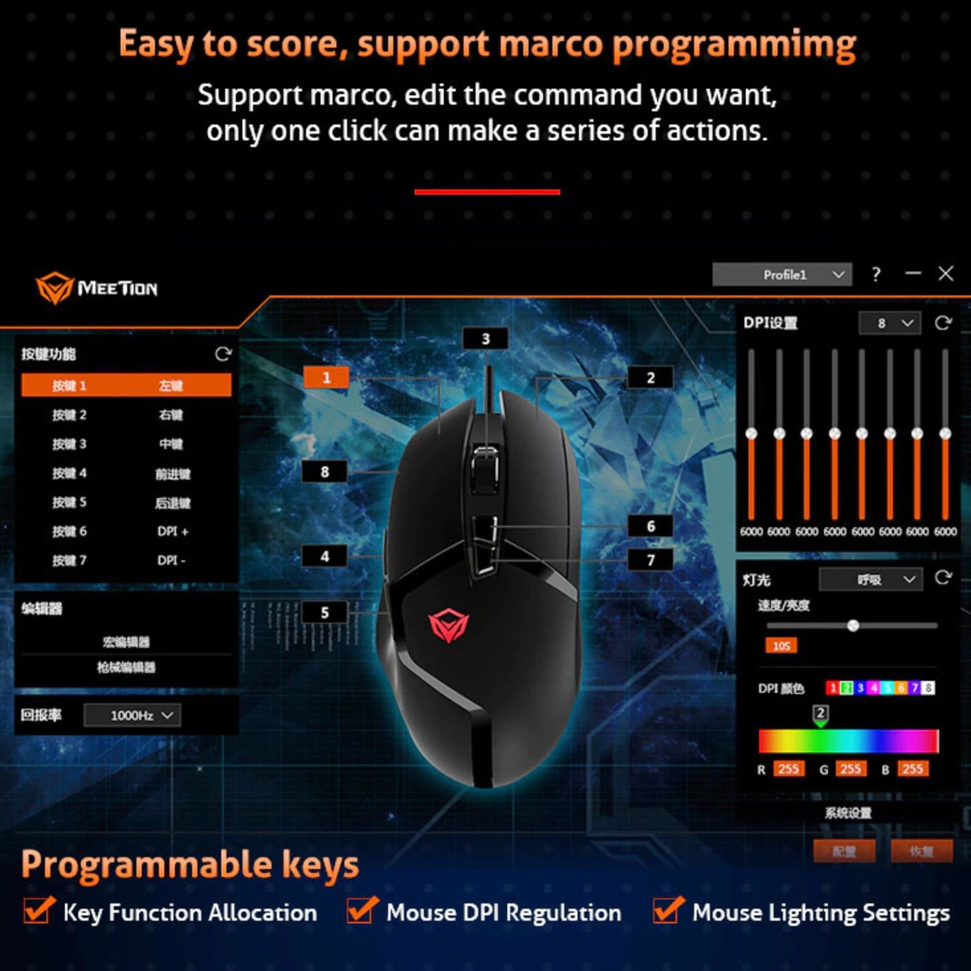 MOUSE GAMER 8D RGB MEETION MT-G3325 5000 DPI 8 BOTONES ERGONÓMICO PROFESIONAL CABLE 1.8 M - 8