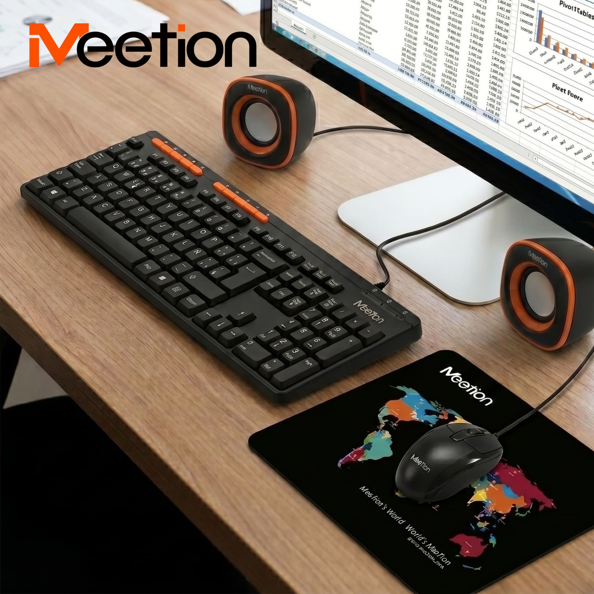 KIT TECLADO MULTIMEDIA EN ESPAÑOL + MOUSE + SPEAKERS + PAD MEETION C105 COMBO PARA PRODUCTIVIDAD ESTUDIO Y TRABAJO - 1
