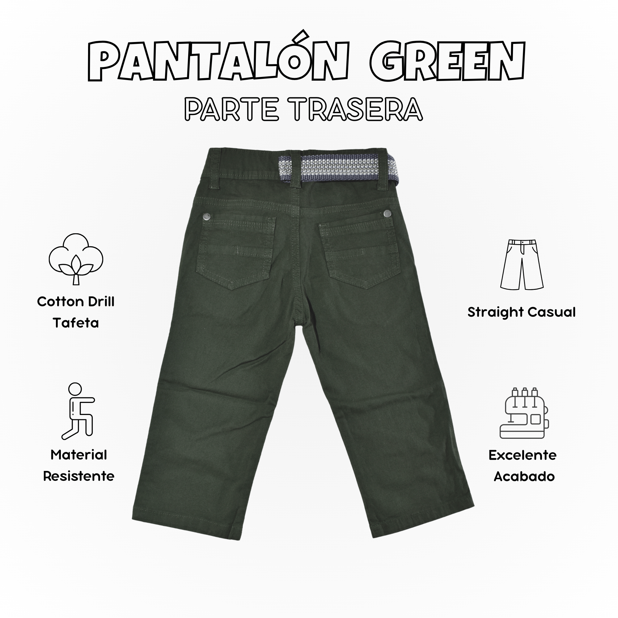 PANTALÓN NIÑO CASUAL ALGODÓN DRILL TAFETA VERDE YONISTERS CLOTHING - 2