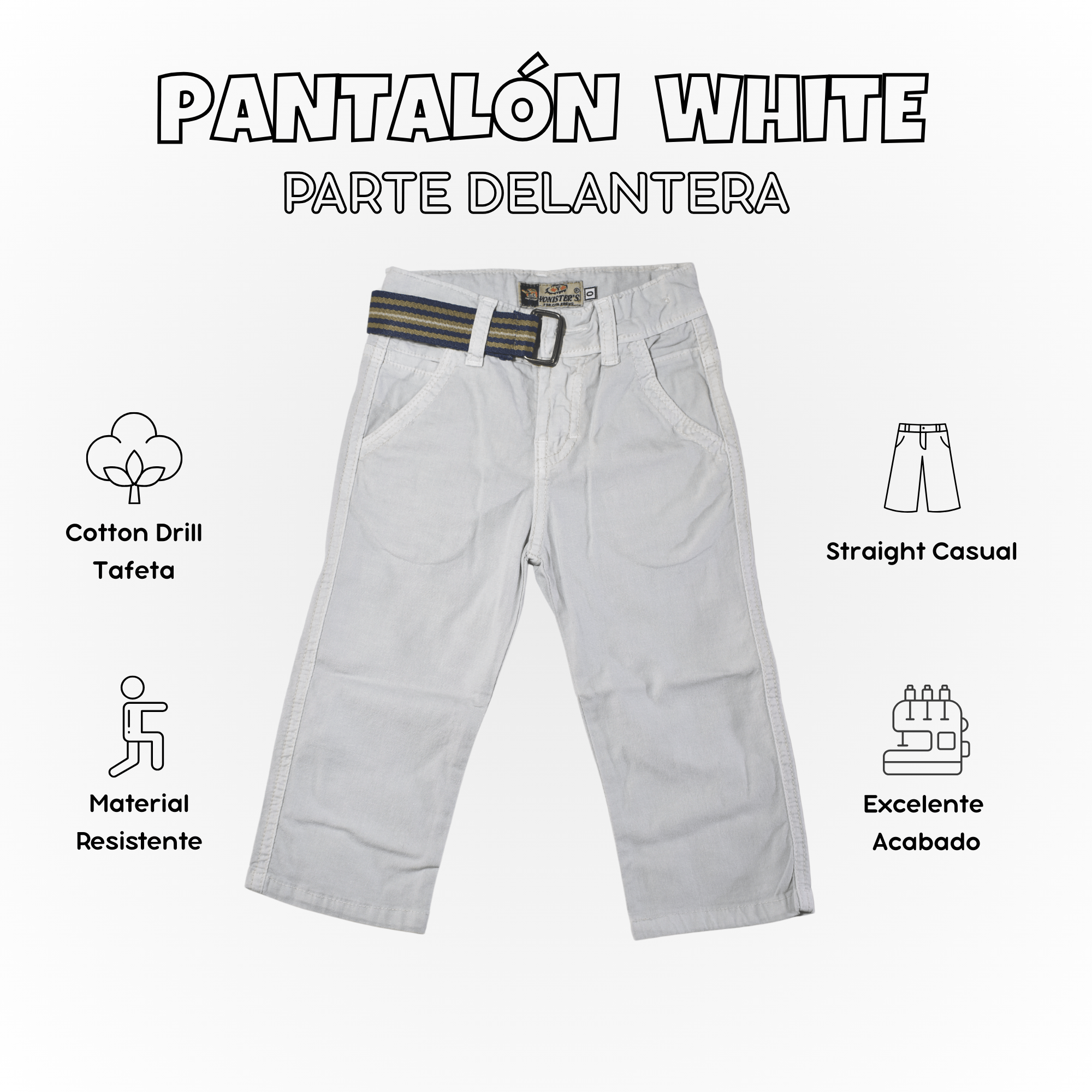 PANTALÓN NIÑO CASUAL ALGODÓN DRILL TAFETA BLANCO YONISTERS CLOTHING - 1