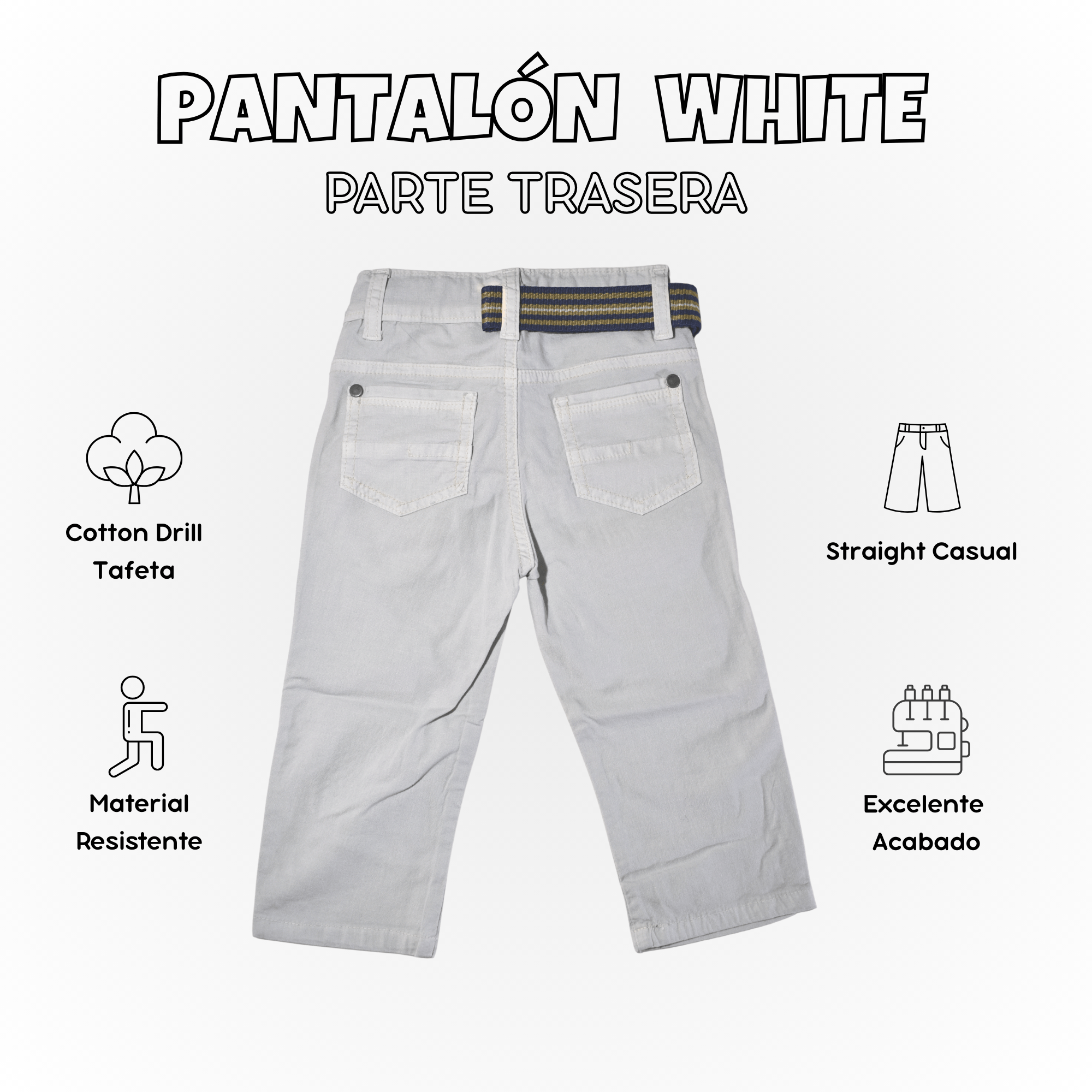 PANTALÓN NIÑO CASUAL ALGODÓN DRILL TAFETA BLANCO YONISTERS CLOTHING - 2