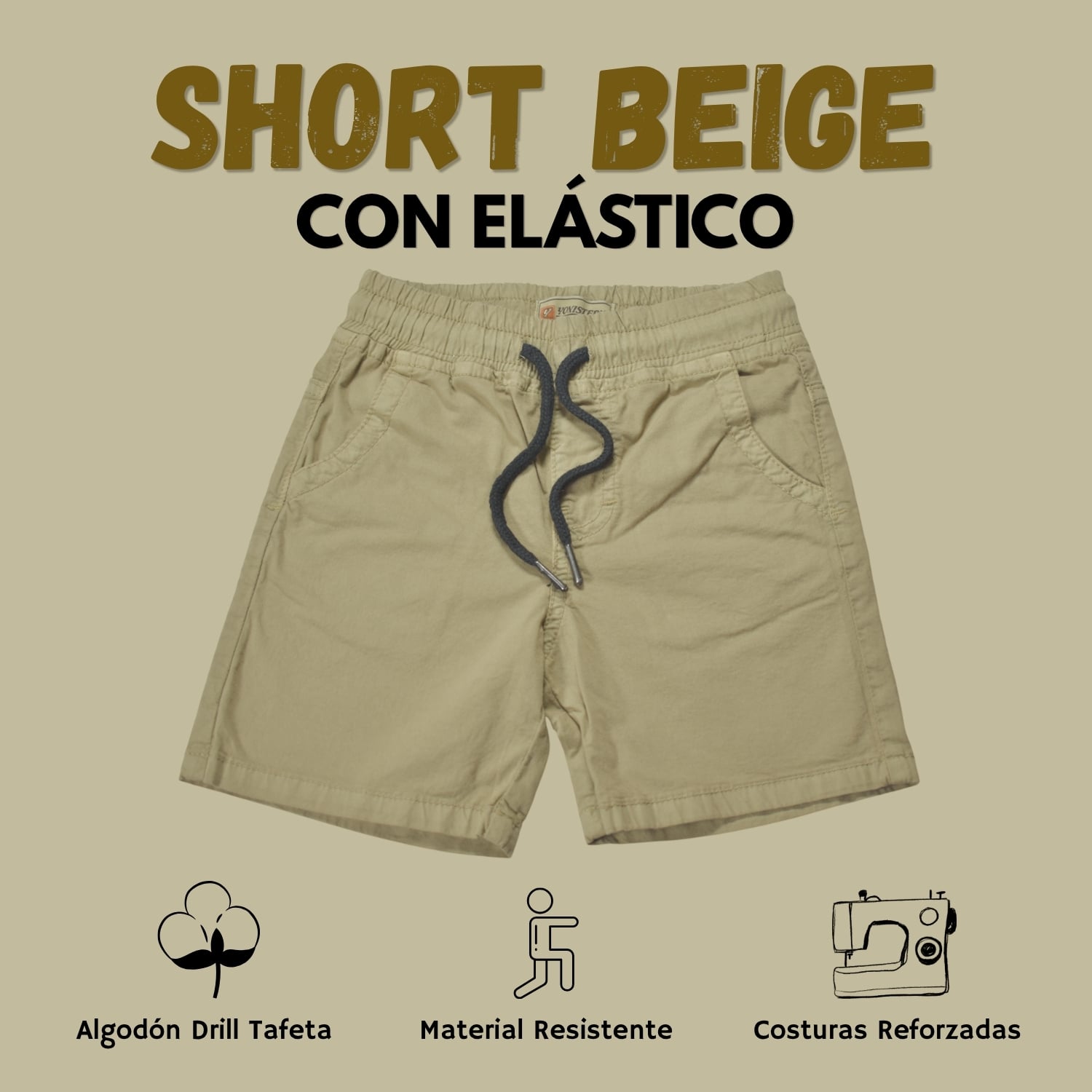 SHORT CON ELÁSTICO NIÑO CASUAL ALGODÓN DRILL TAFETA YONISTERS BEIGE - 1