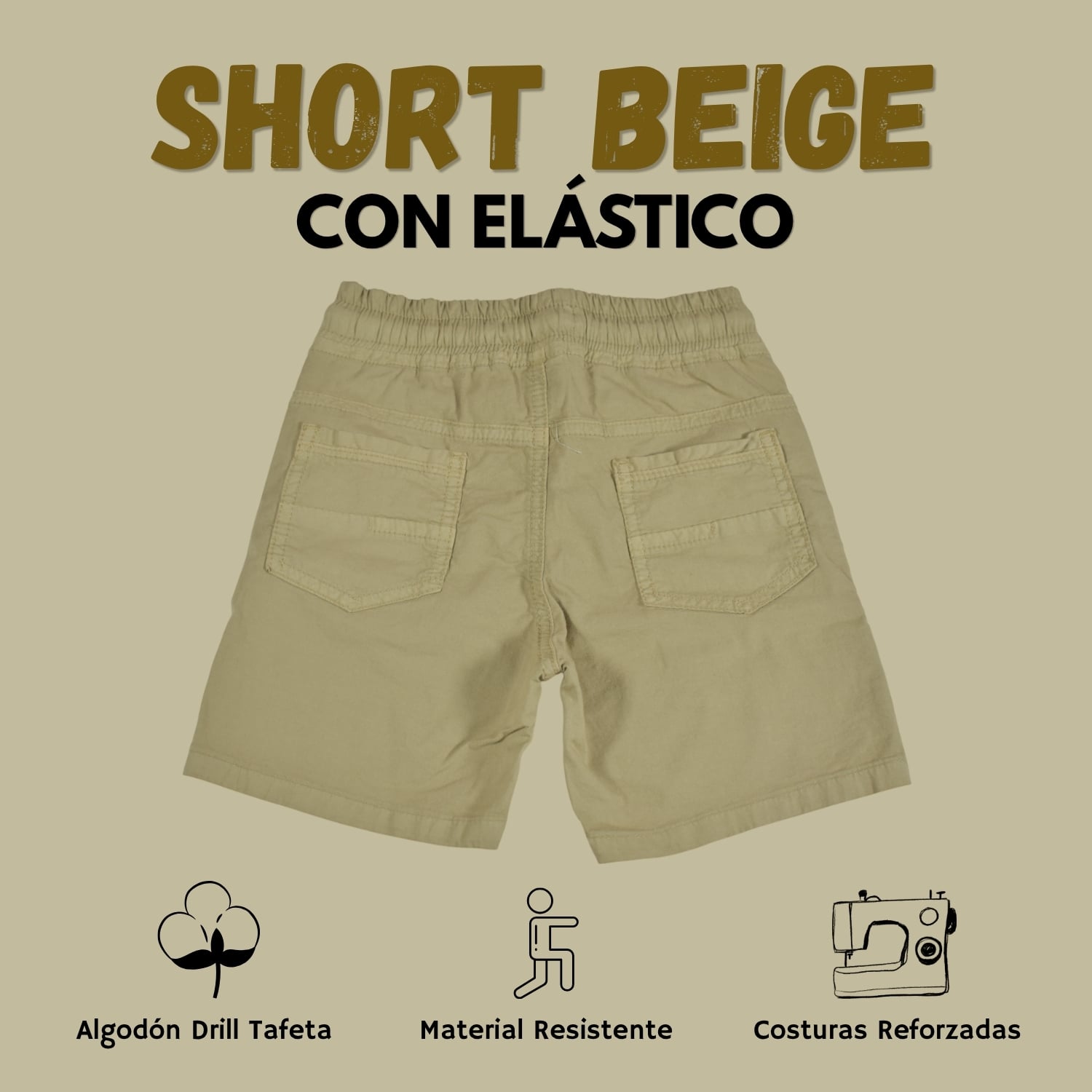 SHORT CON ELÁSTICO NIÑO CASUAL ALGODÓN DRILL TAFETA YONISTERS BEIGE - 2
