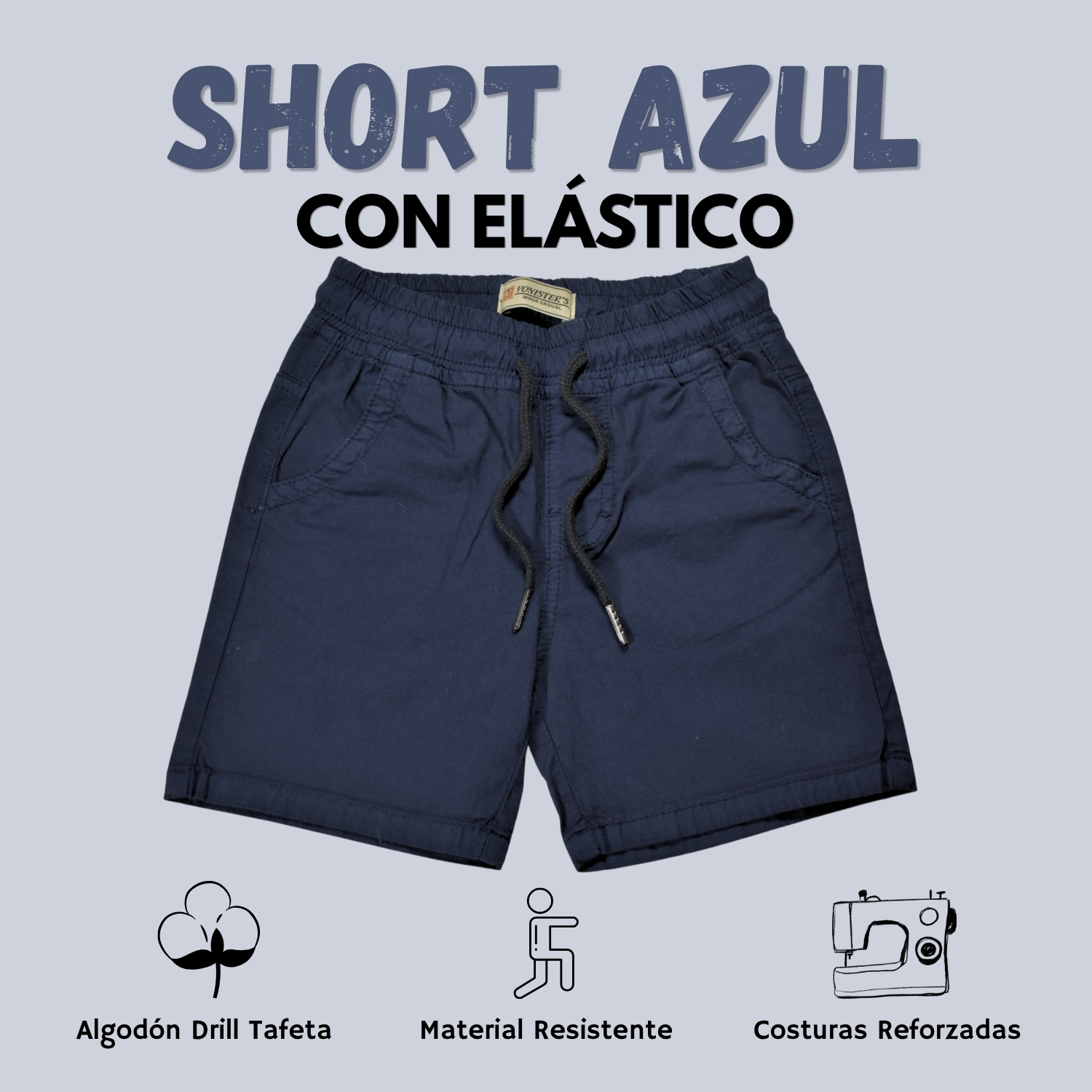 SHORT CON ELÁSTICO NIÑO CASUAL ALGODÓN DRILL TAFETA YONISTERS AZUL MARINO - 1