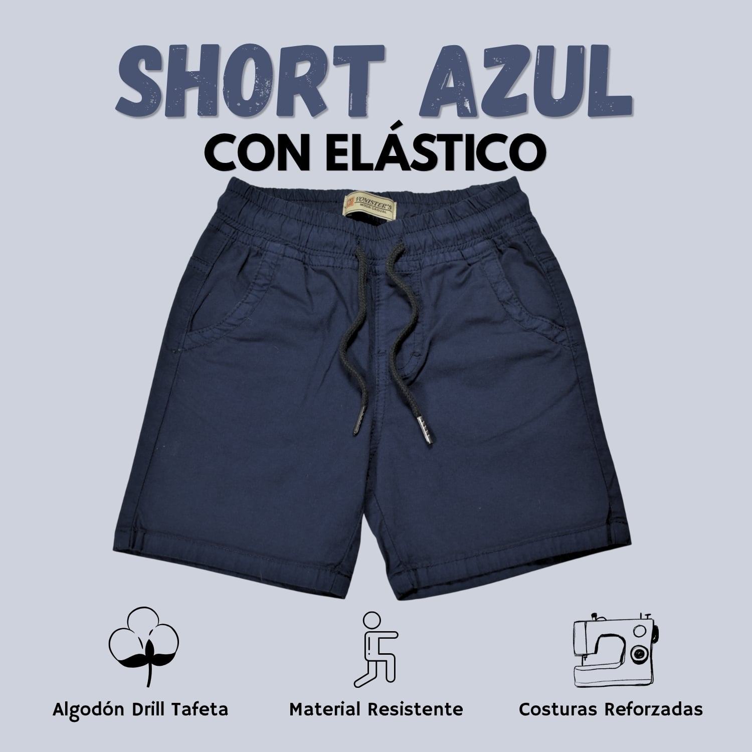 SHORT CON ELÁSTICO NIÑO CASUAL ALGODÓN DRILL TAFETA YONISTERS AZUL MARINO - 1