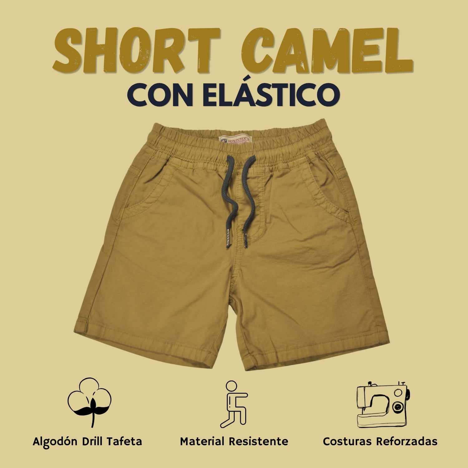 SHORT CON ELÁSTICO NIÑO CASUAL ALGODÓN DRILL TAFETA YONISTERS CAMEL - 1