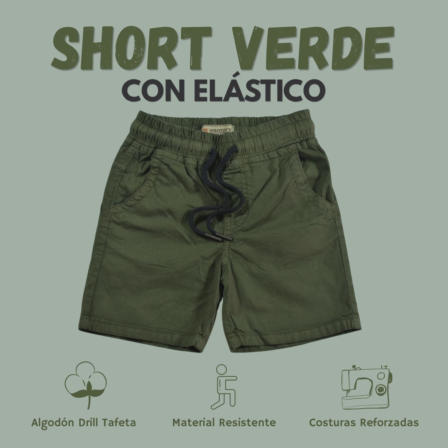 SHORT CON ELÁSTICO NIÑO CASUAL ALGODÓN DRILL TAFETA YONISTERS VERDE - 1