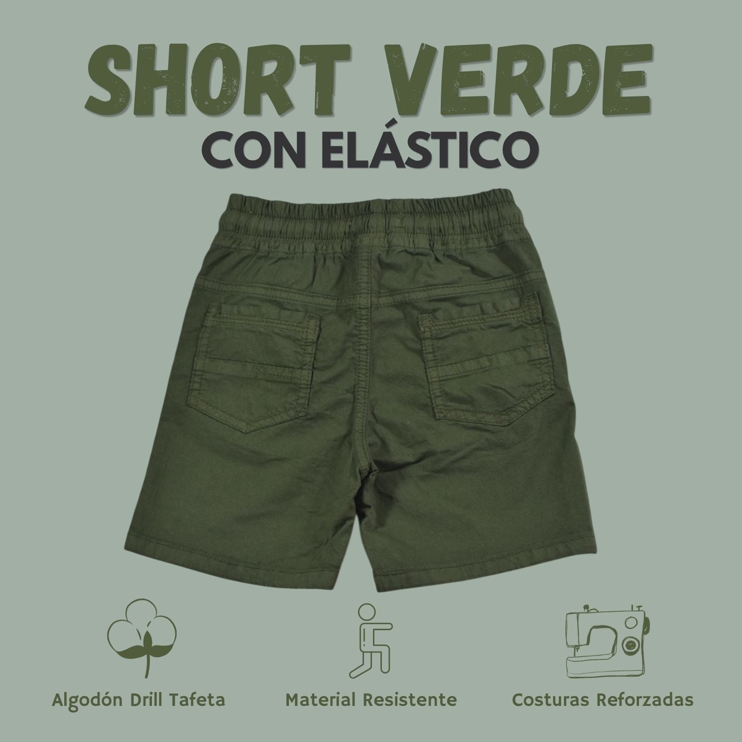 SHORT CON ELÁSTICO NIÑO CASUAL ALGODÓN DRILL TAFETA YONISTERS VERDE - 2