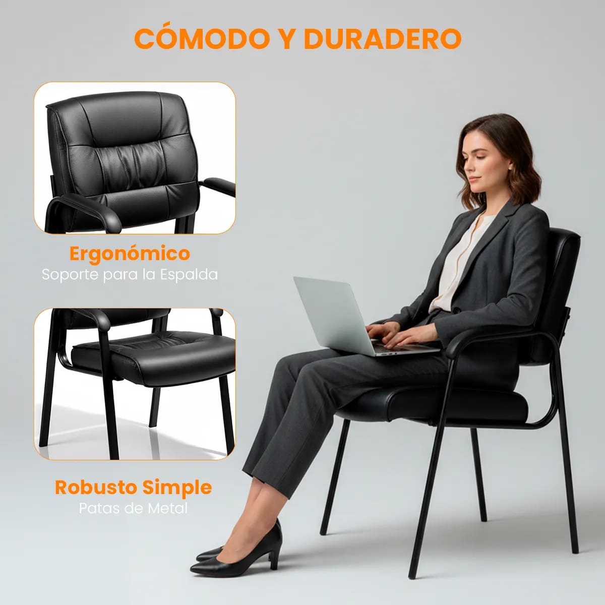 SILLA DE VISITA FIJA HAVEN AXIS ERGONOMICA DE CUERO DE BASE METALICA - 6
