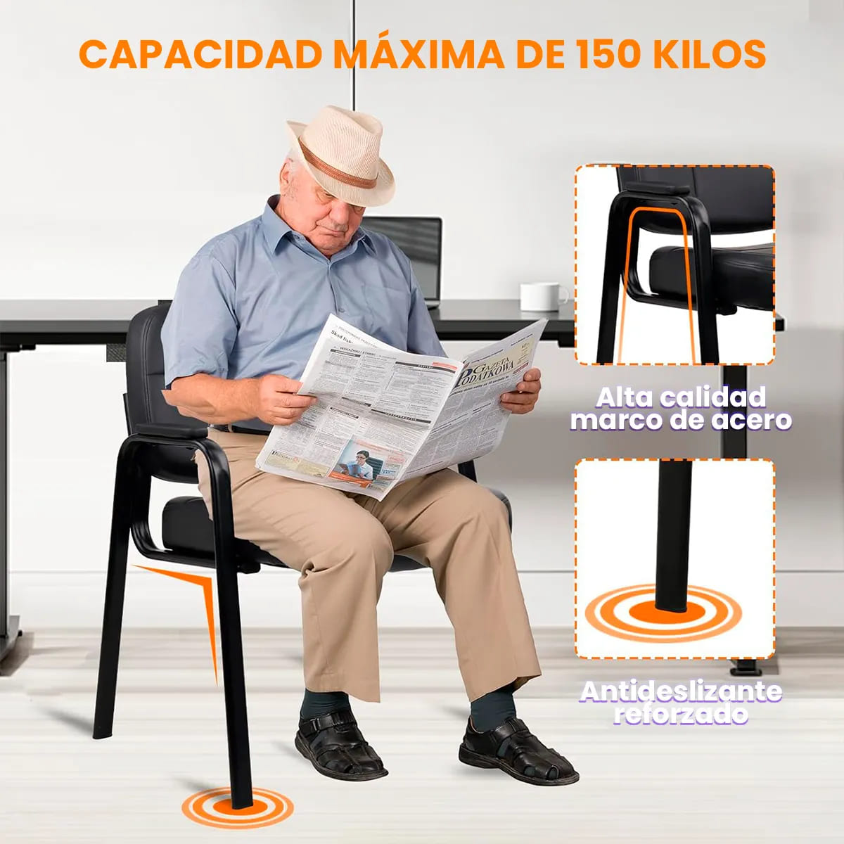SILLA DE VISITA FIJA HAVEN AXIS ERGONOMICA DE CUERO DE BASE METALICA - 8