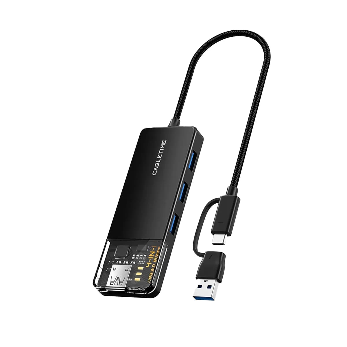 ADAPTADOR HUB USB 3.0 CABLETIME CB03B 4 PUERTOS 5GBPS TRANSPARENTE NEGRO - 1