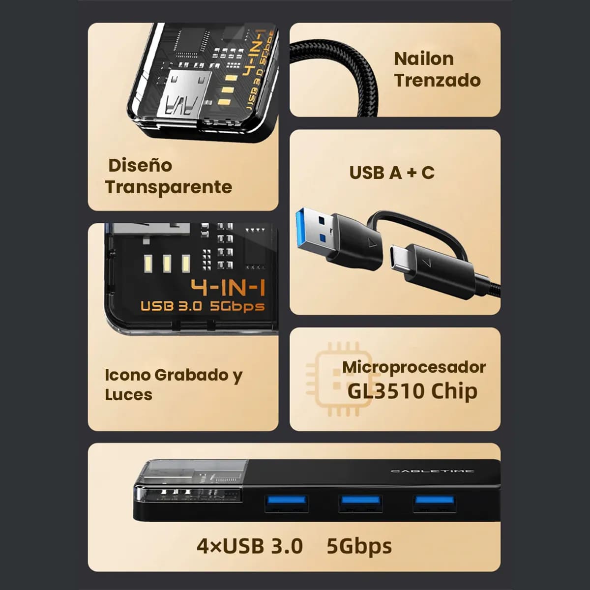 ADAPTADOR HUB USB 3.0 CABLETIME CB03B 4 PUERTOS 5GBPS TRANSPARENTE NEGRO - 10