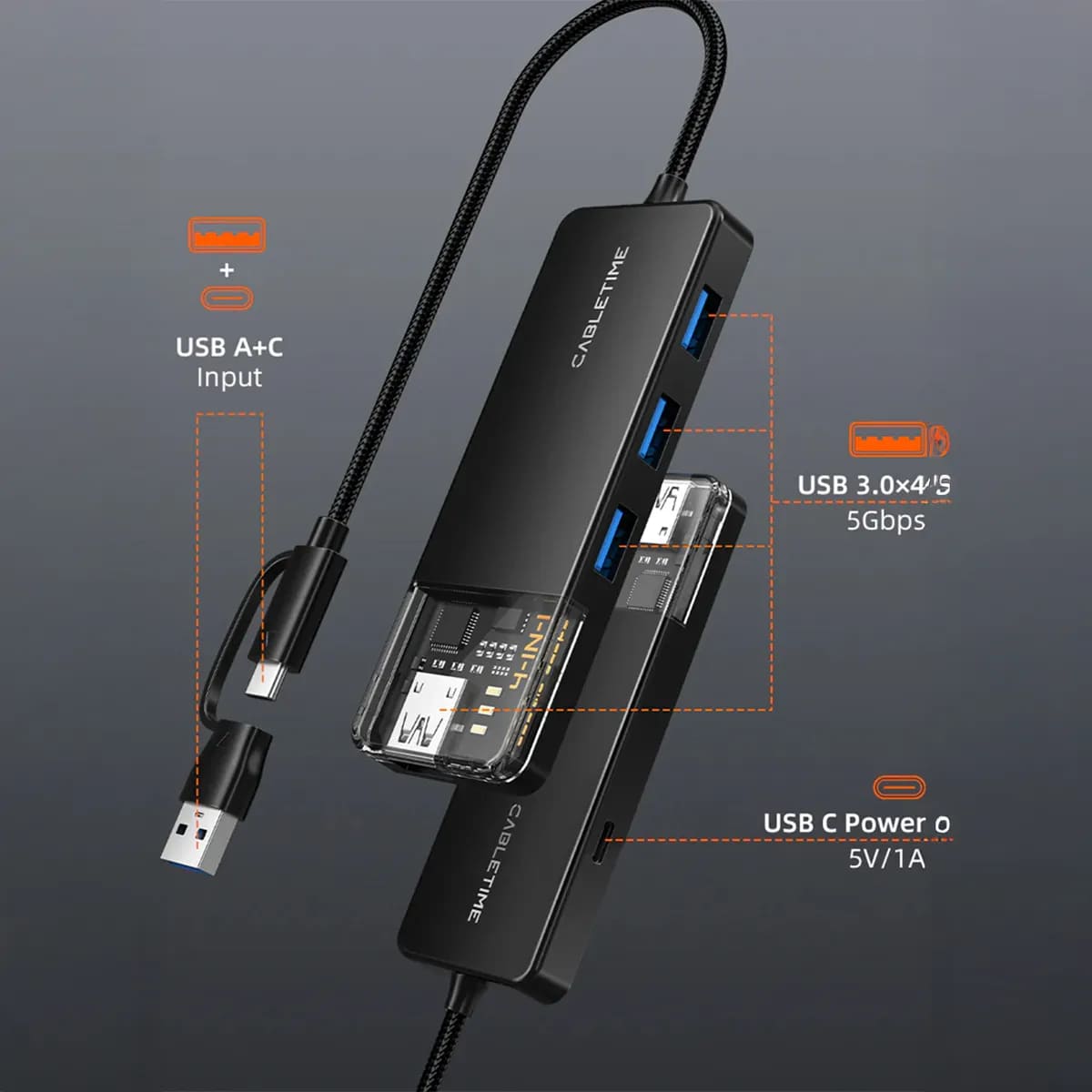 ADAPTADOR HUB USB 3.0 CABLETIME CB03B 4 PUERTOS 5GBPS TRANSPARENTE NEGRO - 2