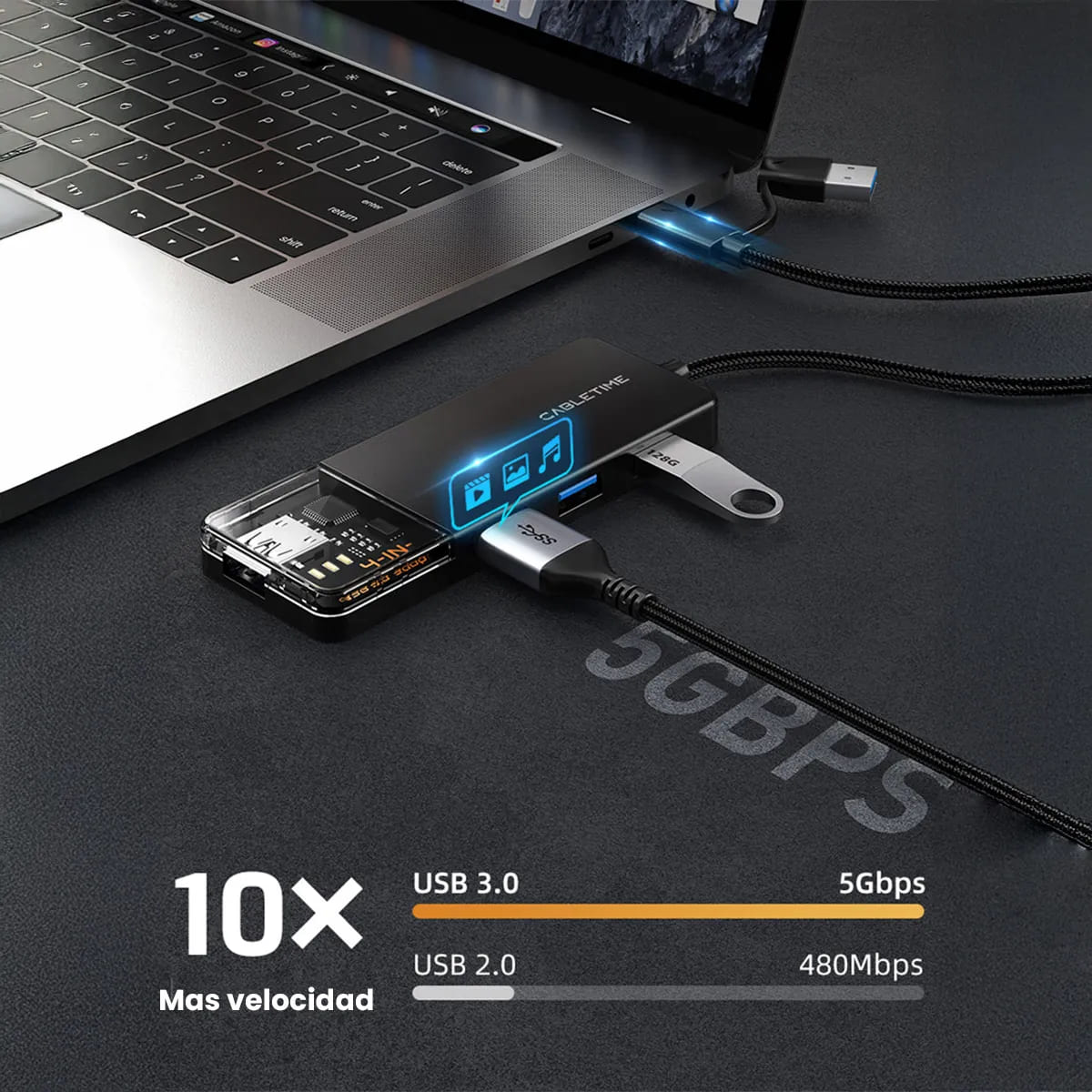 ADAPTADOR HUB USB 3.0 CABLETIME CB03B 4 PUERTOS 5GBPS TRANSPARENTE NEGRO - 5