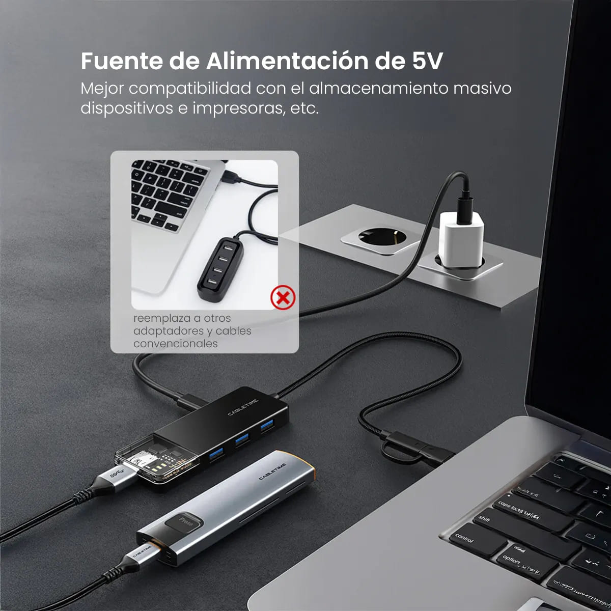 ADAPTADOR HUB USB 3.0 CABLETIME CB03B 4 PUERTOS 5GBPS TRANSPARENTE NEGRO - 6
