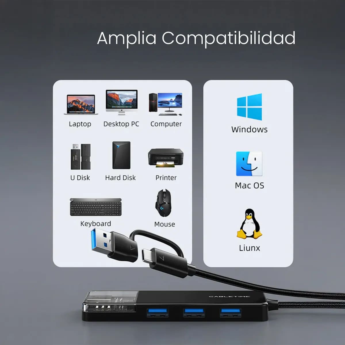 ADAPTADOR HUB USB 3.0 CABLETIME CB03B 4 PUERTOS 5GBPS TRANSPARENTE NEGRO - 8