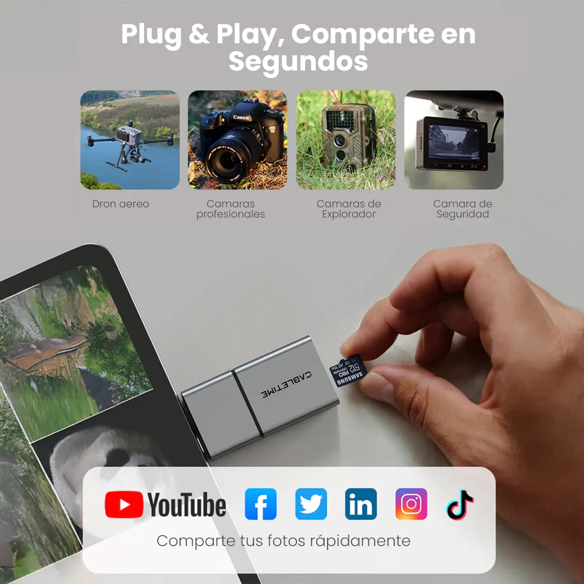 LECTOR DE TARJETA USB-C 3 EN 1 CABLETIME CB49G SD/TF 4.0 312MB/S - 7