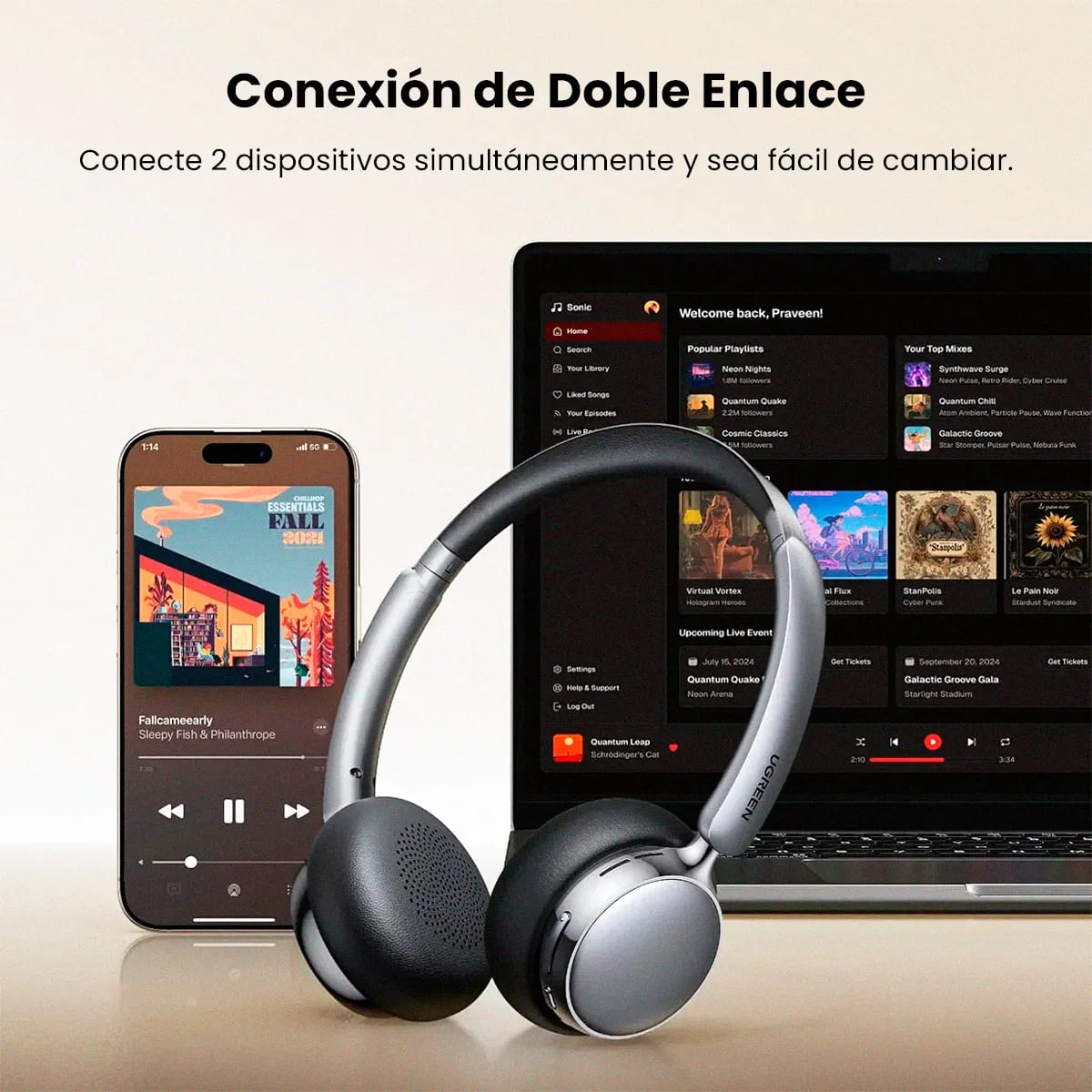 AUDÍFONOS UGREEN HP207 STUDIO PLUS ANC CANCELACIÓN ACTIVA RUIDO 80 HORAS - 2
