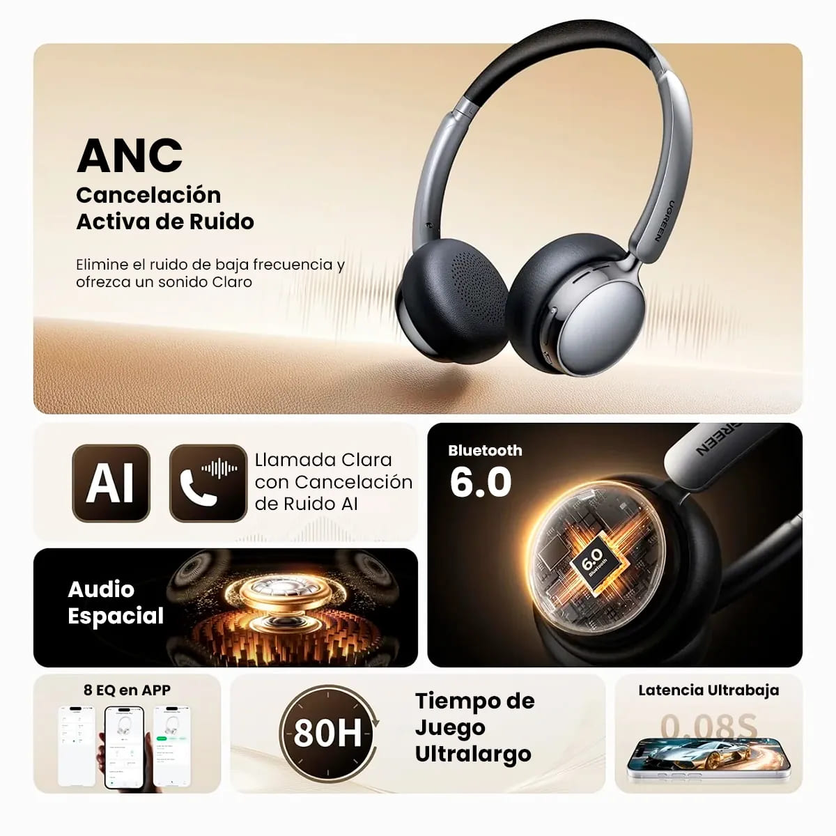 AUDÍFONOS UGREEN HP207 STUDIO PLUS ANC CANCELACIÓN ACTIVA RUIDO 80 HORAS - 9