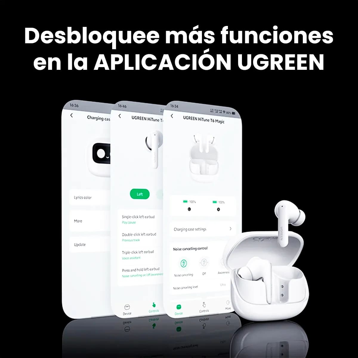 AUDIFONOS IN-EAR UGREEN WS211 BLUETOOTH 5.4 ANC 52DB HI-RES AUDIO TOUCHSCREEN  BLANCO - 5