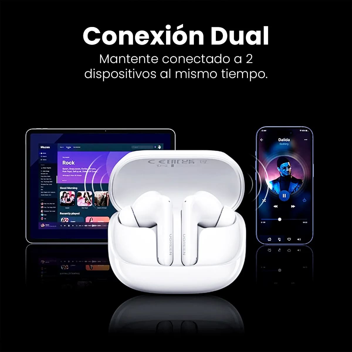 AUDIFONOS IN-EAR UGREEN WS211 BLUETOOTH 5.4 ANC 52DB HI-RES AUDIO TOUCHSCREEN  BLANCO - 9