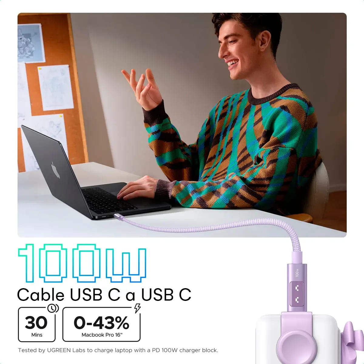 CABLE UGREEN L509 USB-C 100W 2M CON PANTALLA LILA - 6