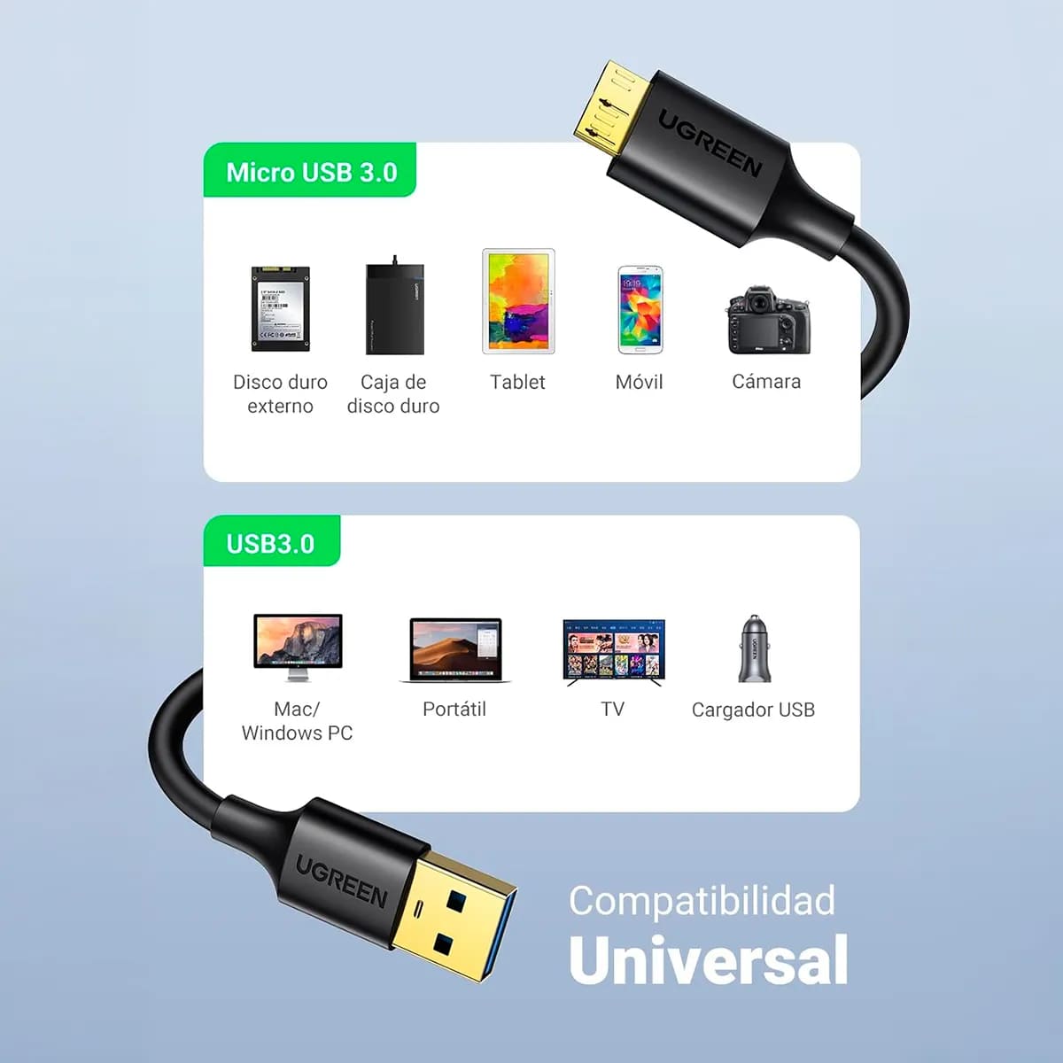 CABLE USB 3.0 A MICRO USB B 0.5M UGREEN 10840 5GBPS NEGRO - 3