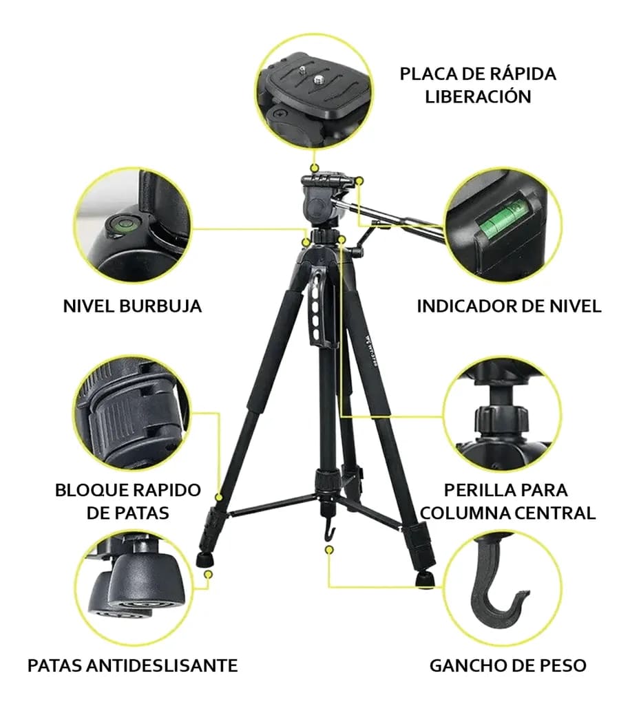 TRÍPODE PROFESIONAL WEIFENG WT-3560 170CM PARA CÁMARA CON FUNDA NEGRA - 3
