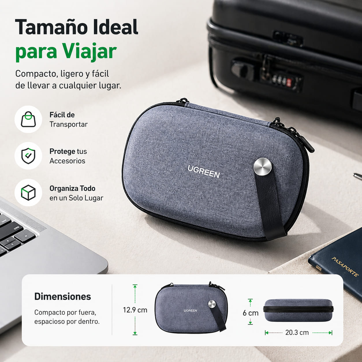 ESTUCHE RIGIDO UGREEN LP152 50903 ORGANIZADOR VIAJE CABLES ACCESORIOS GRIS - 2