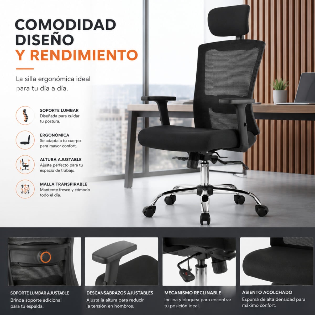 SILLA DE OFICINA ERGONOMICA HAVEN N49 BASE DE ACERO Y SOPORTE LUMBAR - 4