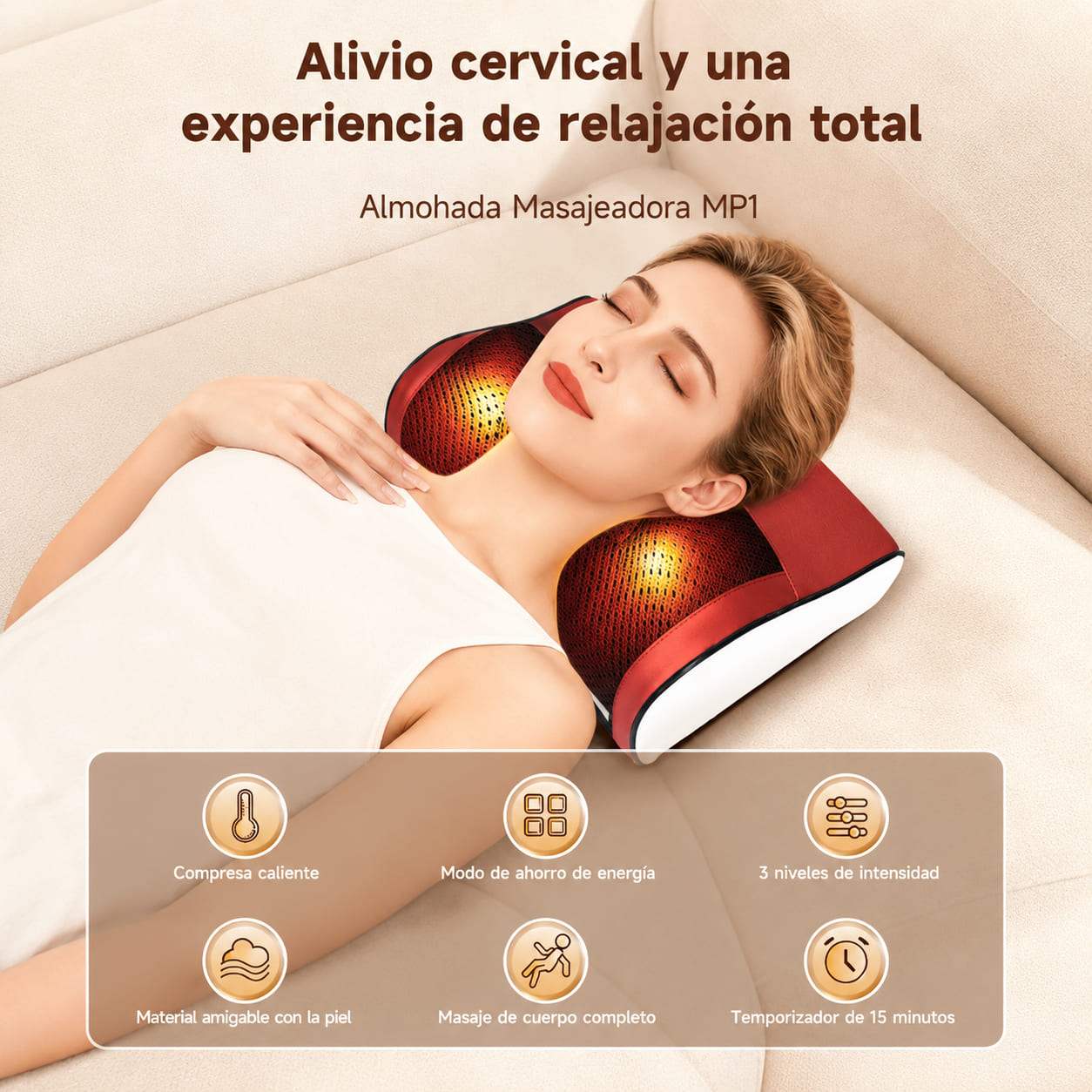 ALMOHADA MASAJEADORA BOMIDI MP1 SHIATSU 3D CALOR INFRARROJO 8 CABEZALES - 2