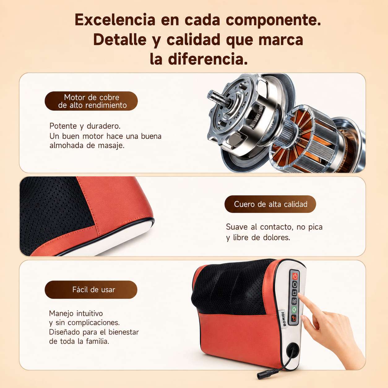 ALMOHADA MASAJEADORA BOMIDI MP1 SHIATSU 3D CALOR INFRARROJO 8 CABEZALES - 4