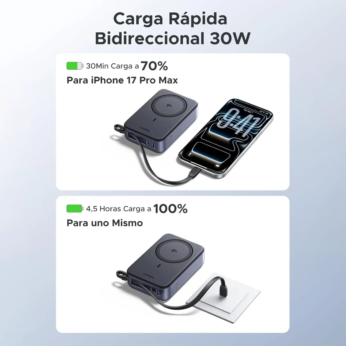 POWER BANK MAGNETICO UGREEN PB567 QI2 20000 MAH 30W CABLE INTEGRADO - 3