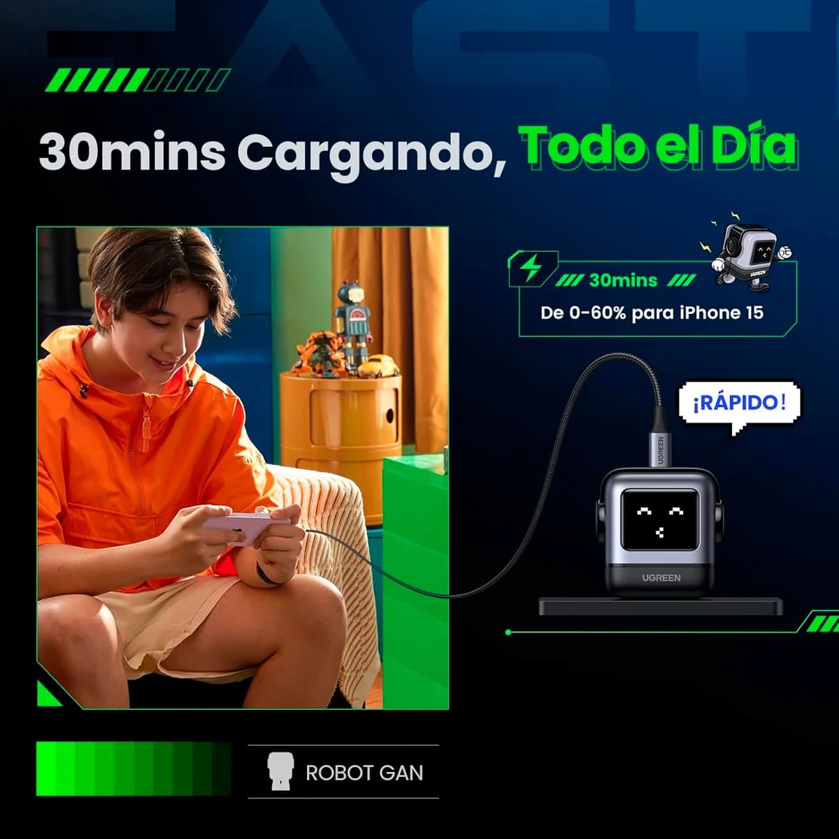 CARGADOR UGREEN CD359 30W ROBOT GAN TIPO C NEXODE GRIS - 3