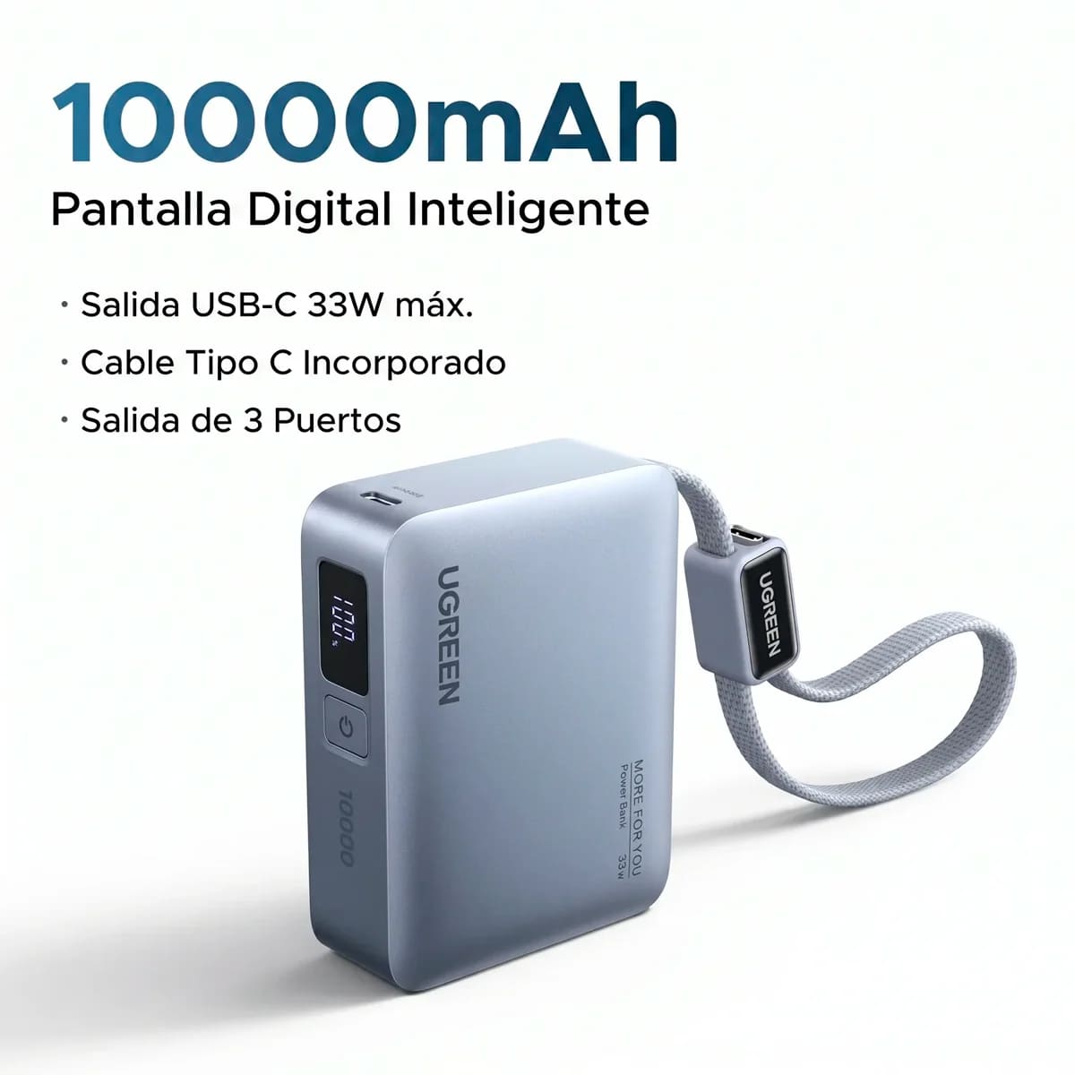 MINI POWER BANK UGREEN PB584 33W 10000 MAH PANTALLA CON CABLE TIPO C CELESTE - 3
