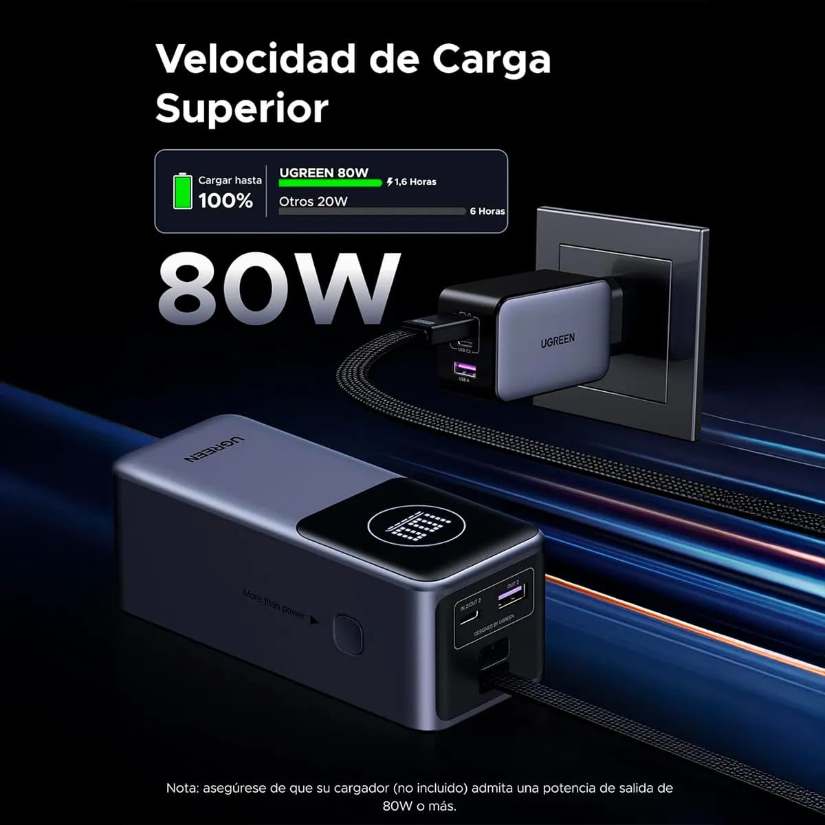 POWER BANK UGREEN PB723 - 130W TOTAL, CABLE USB-C INTEGRADO, 20 000 MAH - 5