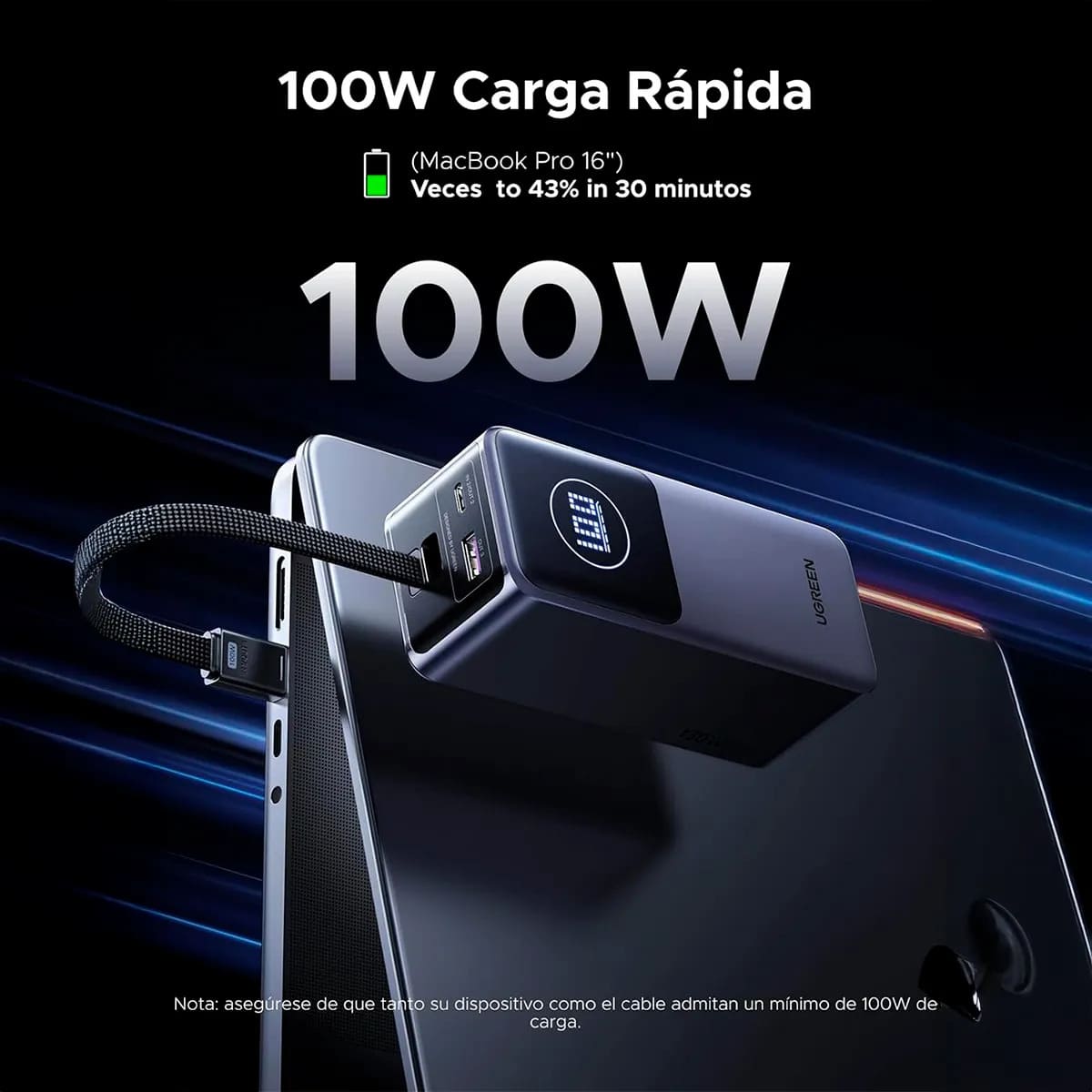 POWER BANK UGREEN PB723 - 130W TOTAL, CABLE USB-C INTEGRADO, 20 000 MAH - 6