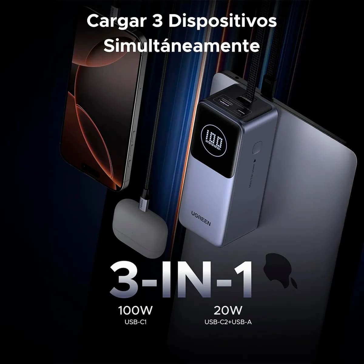 POWER BANK UGREEN PB723 - 130W TOTAL, CABLE USB-C INTEGRADO, 20 000 MAH - 7