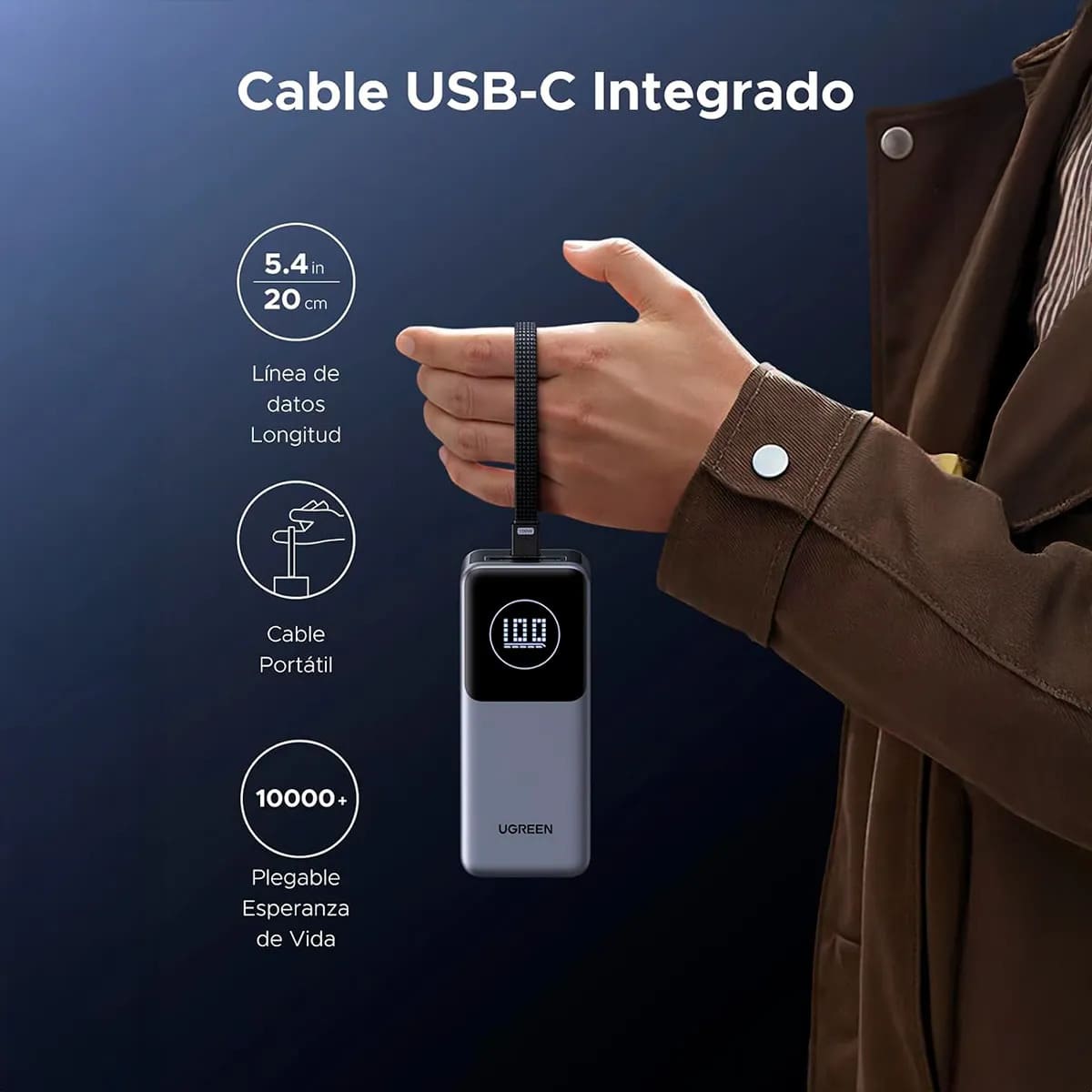 POWER BANK UGREEN PB723 - 130W TOTAL, CABLE USB-C INTEGRADO, 20 000 MAH - 8