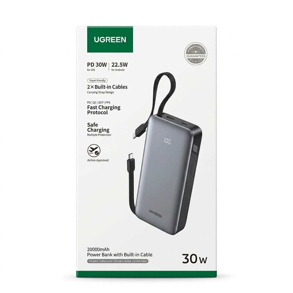 POWER BANK UGREEN PB528 20000MAH 30W PD CON 2 CABLES USB-C INTEGRADOS GRIS - 1