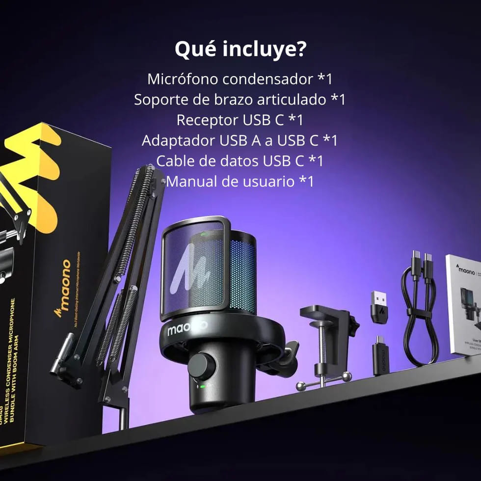 MICRÓFONO GAMER INALÁMBRICO MAONO DM40 PRO RGB USB-C CON BRAZO Y REDUCCIÓN DE RUIDO - 7