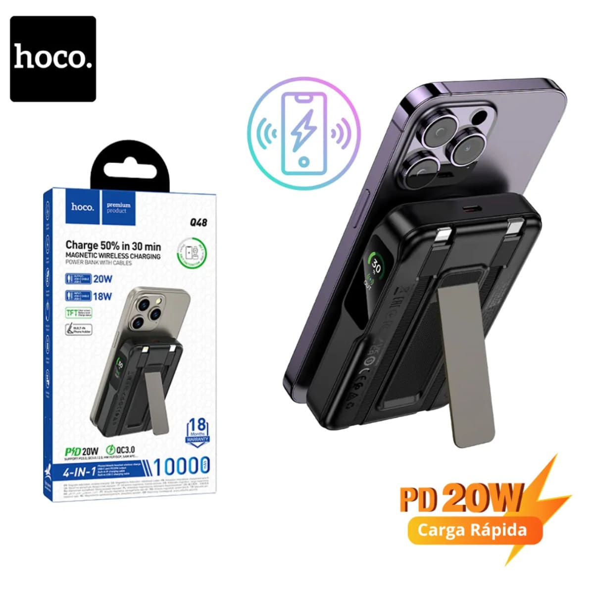 POWER BANK CARGADOR INALÁMBRICO MAGNÉTICO HOCO Q48 10000 MAH CON CABLES INTEGRADOS - 6