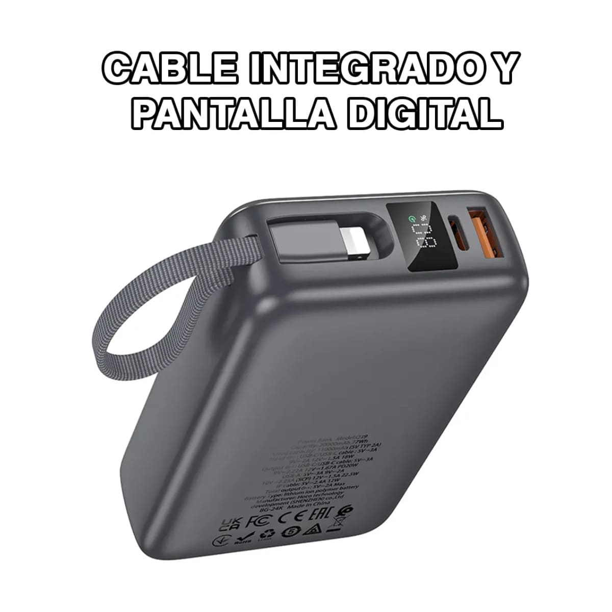 POWER BANK HOCO Q39 EMINENTE 20000MAH 22.5W PD20W CON CABLE INTEGRADO NEGRO - 2