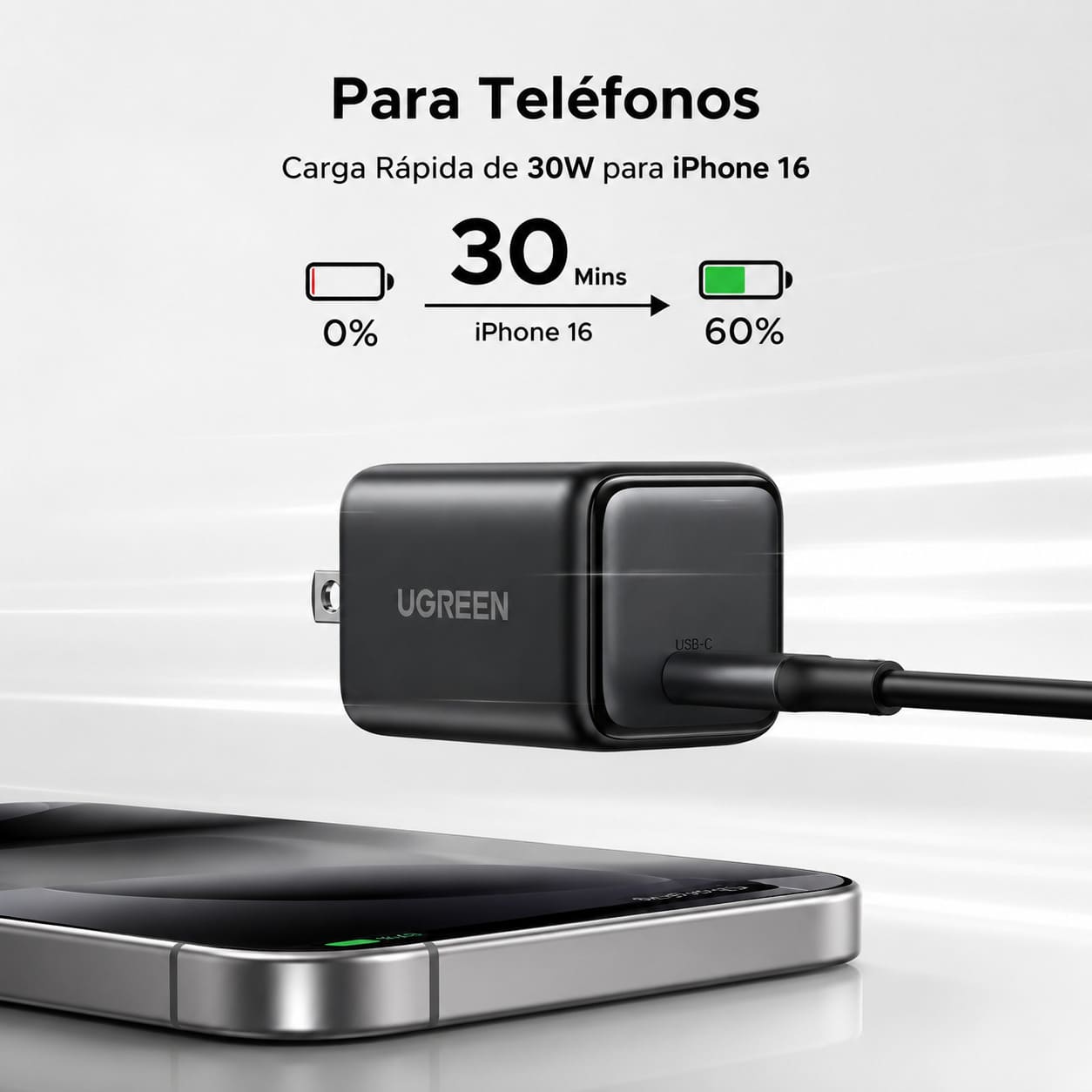 CARGADOR UGREEN X513 30W USB-C GAN CARGA RAPIDA PD NEGRO - 2