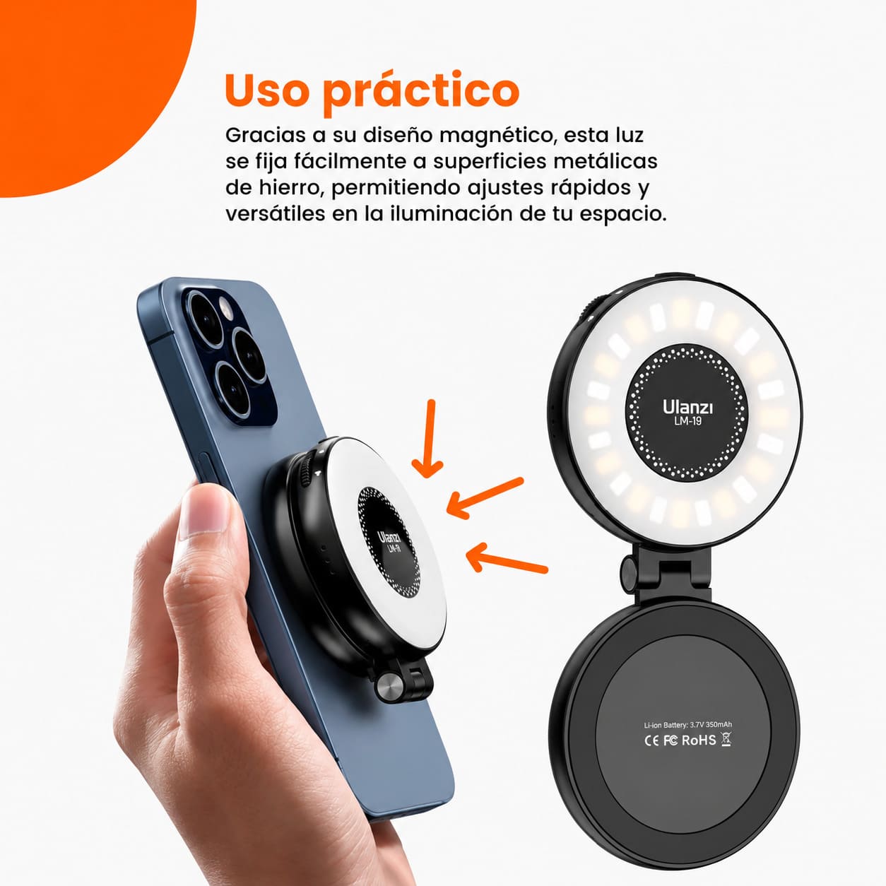 LUZ LED ULANZI LM19 MAGSAFE CRI95 SELFIE RING 2500K-8500K NEGRO - 2