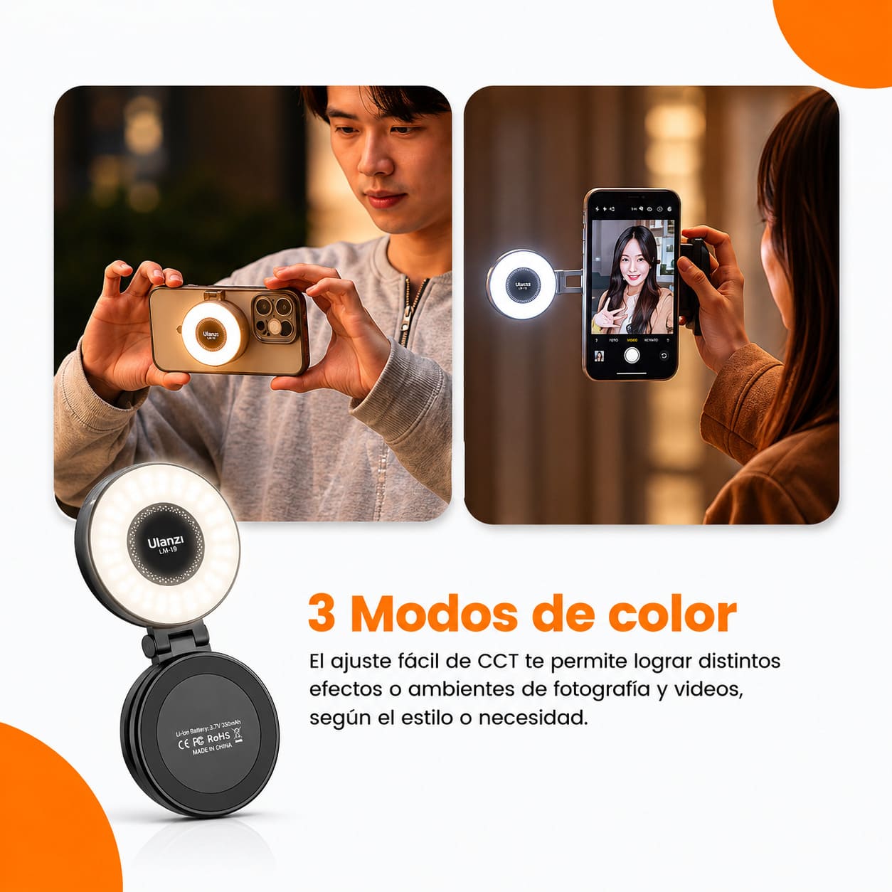 LUZ LED ULANZI LM19 MAGSAFE CRI95 SELFIE RING 2500K-8500K NEGRO - 4