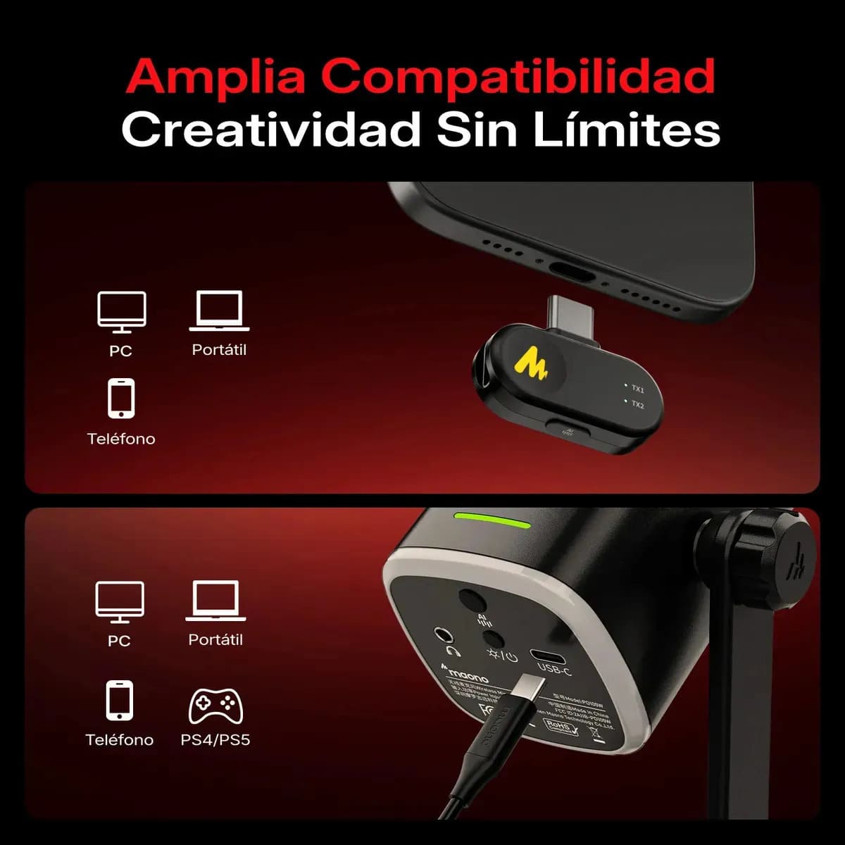MICROFONO MAONO INALAMBRICO PD100W DINAMICO ANC USB 2.4GHZ RGB NEGRO - 3