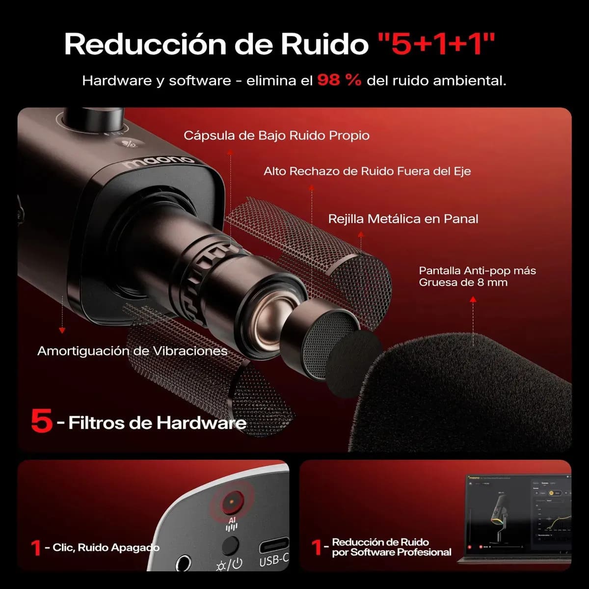MICROFONO MAONO INALAMBRICO PD100W DINAMICO ANC USB 2.4GHZ RGB NEGRO - 5